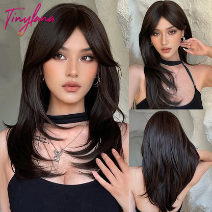 Heat-Resistant Brown Ombre Synthetic Wig with Bangs & Layers for Women