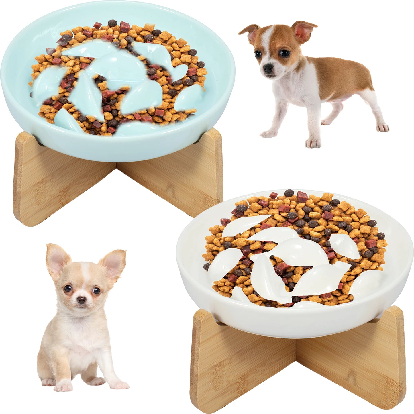 Raised Ceramic Cat Bowl with Wood Stand - Anti-Vomiting Slow Feeder