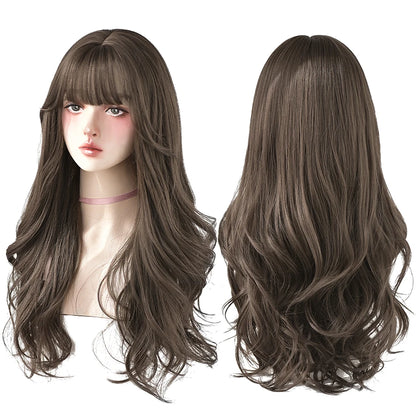 7JHH Popular Brown Ash Long Deep Wave Wig with Bangs for Women