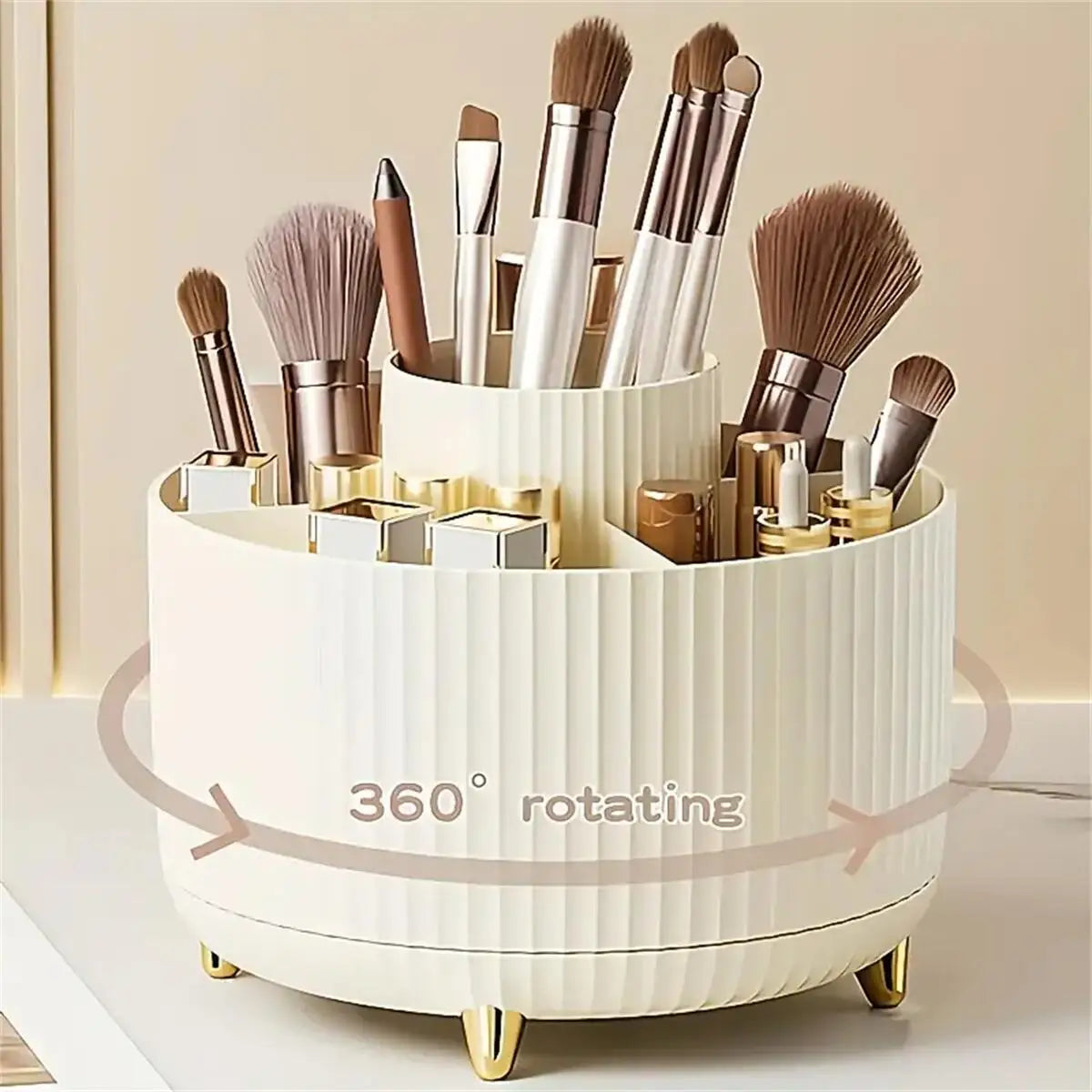 360° Rotating Makeup Organizer – Plastic Cosmetic Storage with 5 Compartments for Brushes