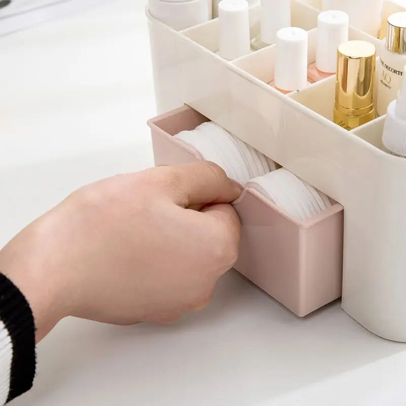 Makeup Organizer Storage Box with Drawer – Acrylic Plastic Case for Lipstick, Brushes & Cotton Swabs