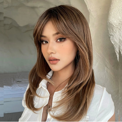 Heat-Resistant Brown Ombre Synthetic Wig with Bangs & Layers for Women
