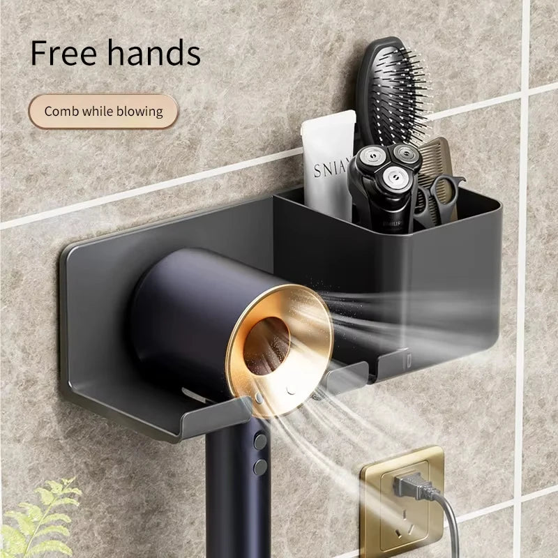 Wall-Mounted Hair Dryer Holder, Organizer Box & Straightener Stand for Bathroom Accessories