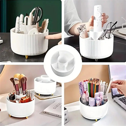360° Rotating Makeup Organizer – Plastic Cosmetic Storage with 5 Compartments for Brushes