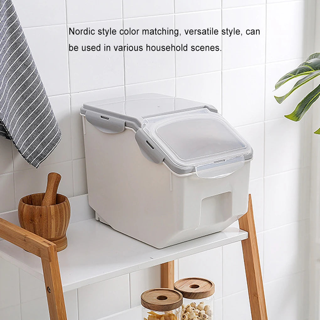 Dog Food Storage Container with Roller Base & Measuring Cup – Leakproof & Mothproof