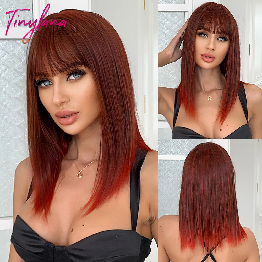 Heat-Resistant Brown Ombre Synthetic Wig with Bangs & Layers for Women
