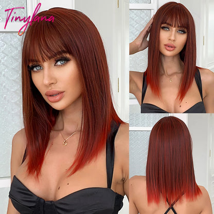 Heat-Resistant Brown Ombre Synthetic Wig with Bangs & Layers for Women