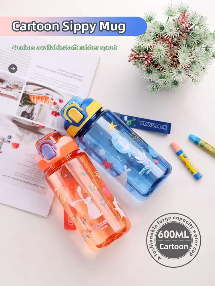 600ml Dinosaur Water Bottle for Kids, Leakproof Sippy Cup with Silicone Straw