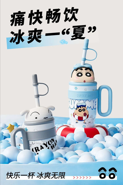 800ML Crayon Shin-Chan Stainless Steel Thermos Cup – Large Capacity with Handle & Straw for Kids