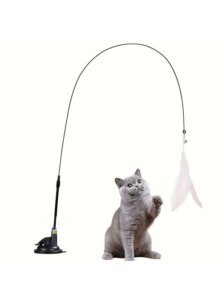 Cat Teaser Toy Interactive Bell & Feather Wand with Long Suction Cup Pole for Playtime Adventures