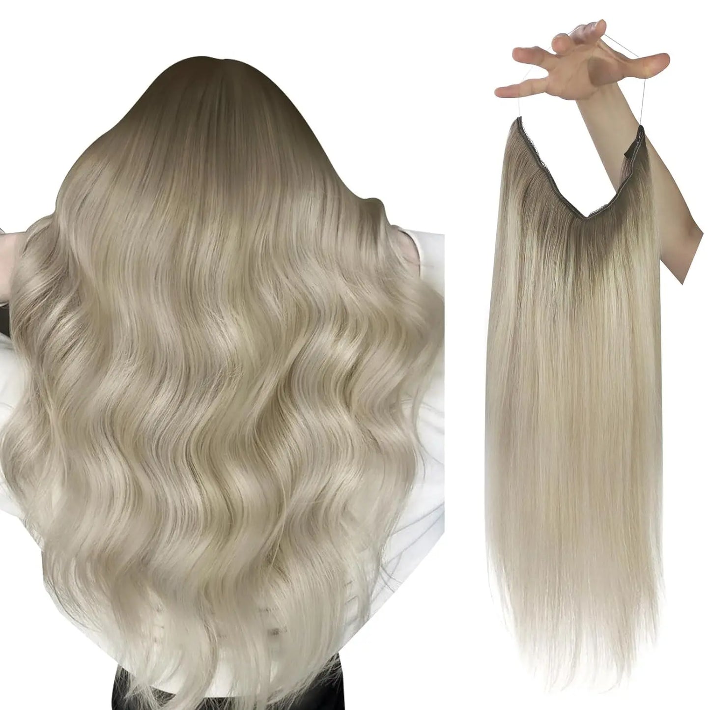 VeSunny Fish Line Human Hair Extension - Invisible Wire One-Piece Blonde Hair Weft with Clips