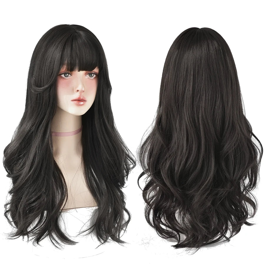 7JHH Popular Brown Ash Long Deep Wave Wig with Bangs for Women