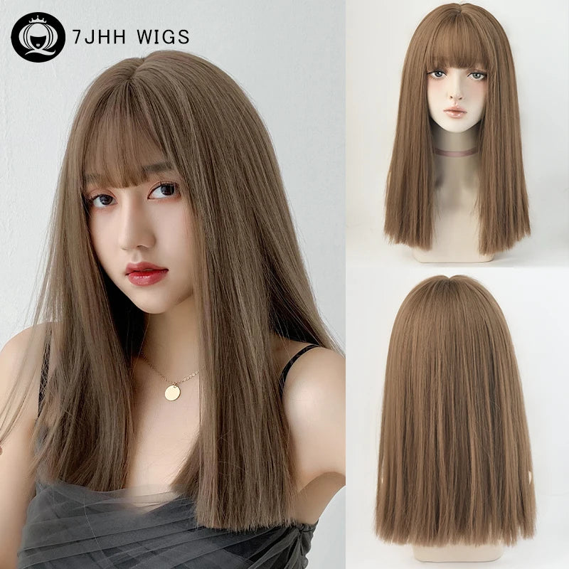 Straight Layered Blonde Wig with Neat Bangs - High Density Synthetic Hair for Women