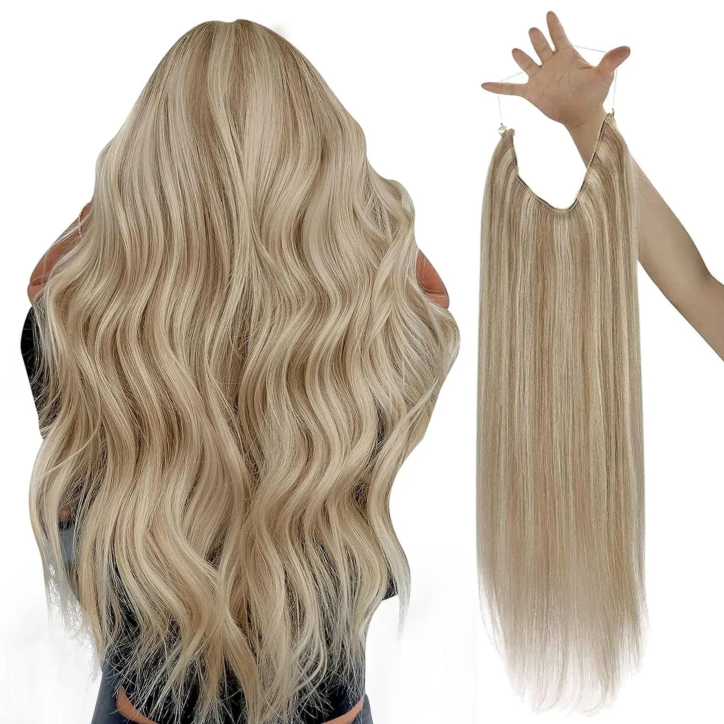 VeSunny Fish Line Human Hair Extension - Invisible Wire One-Piece Blonde Hair Weft with Clips