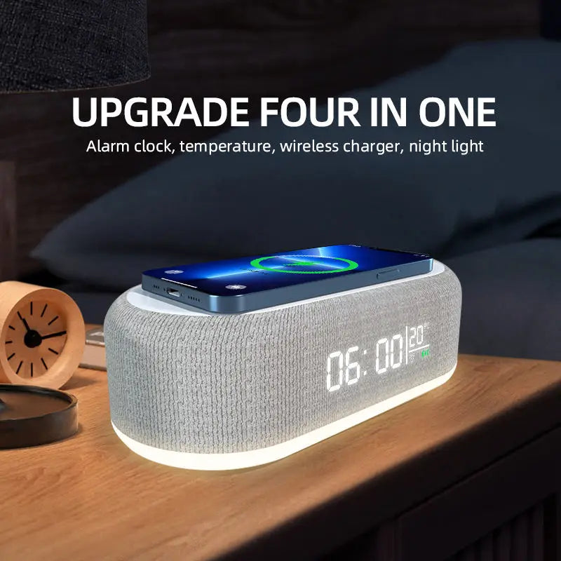 Wireless Charger Alarm Clock - 15W Fast Charging Dock with LED Light, Thermometer & Earphone Stand for iPhone & Samsung