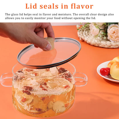 1.6L Glass Saucepan with Lid and Dual Handles, Heat Resistant Soup Pot