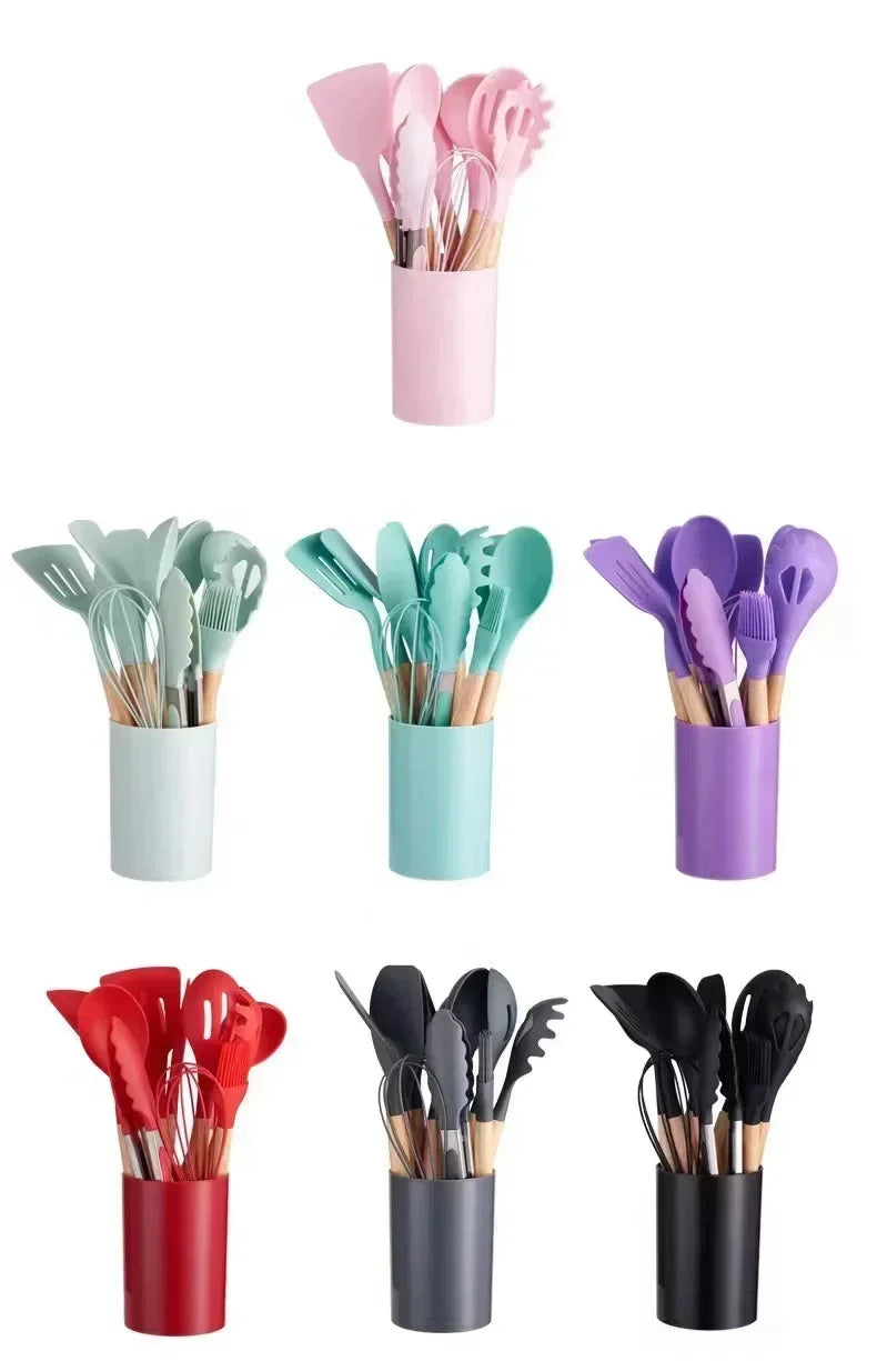12Pcs Silicone Cooking Utensils Set with Wooden Handle, Non-Stick Kitchen Tools