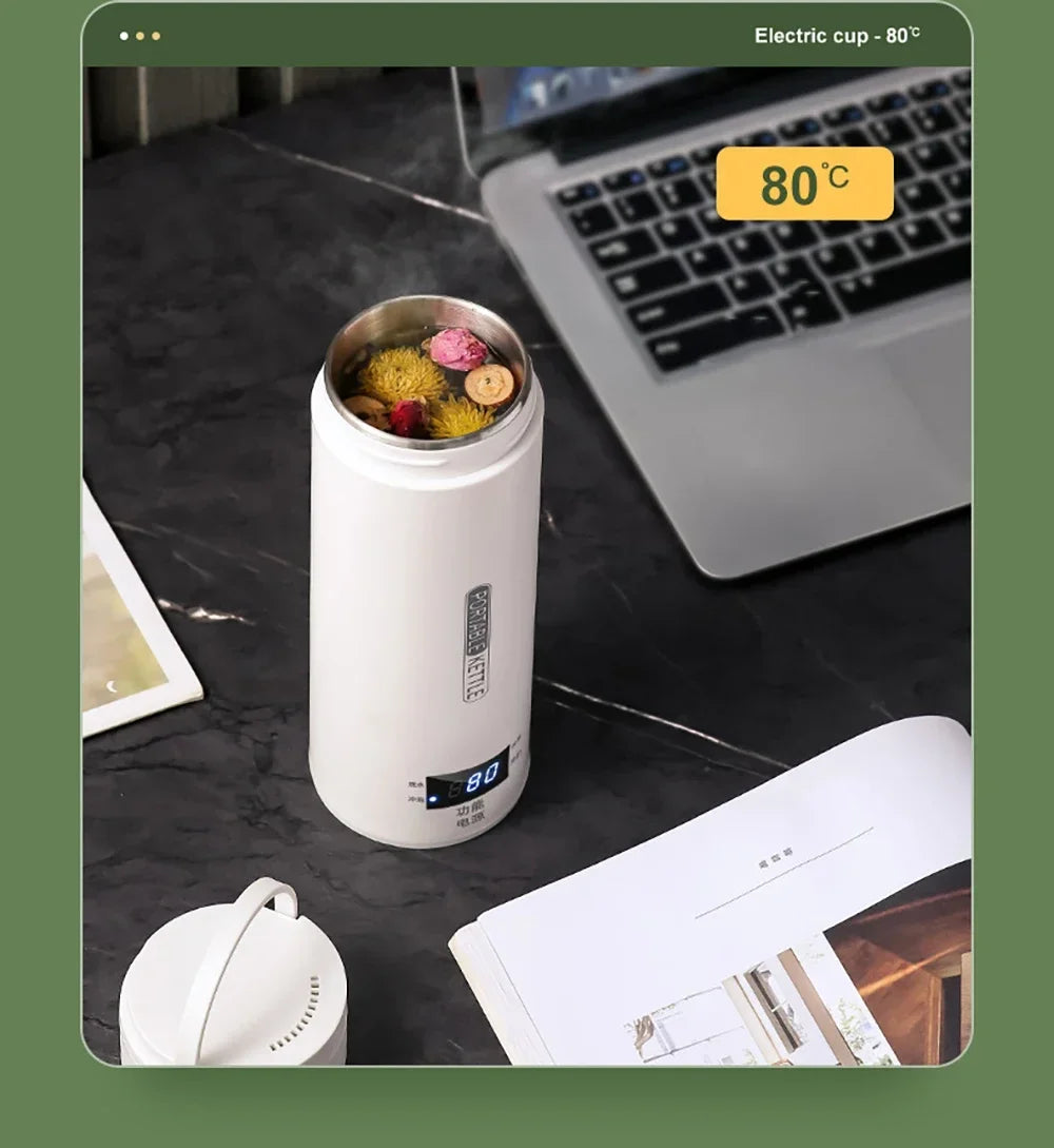 Portable Electric Kettle - Mini Travel Tea & Coffee Boil Water, Keep Warm, Anti-Scald Thermo Bottle