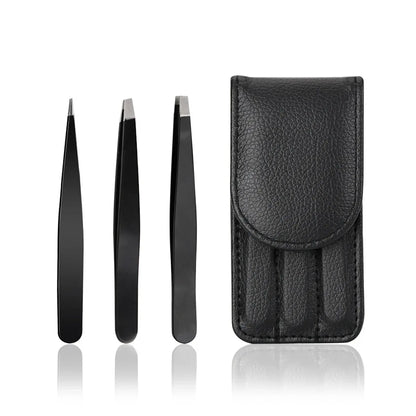 Hair Removal Tweezers Stainless Steel - Pink Slanted & Black Tip for Eyebrows and Face