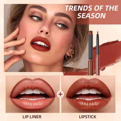 QIBEST 2PC Matte Velvet Lipstick & Lipliner Set - Long Lasting Red Lip Contour Pencil