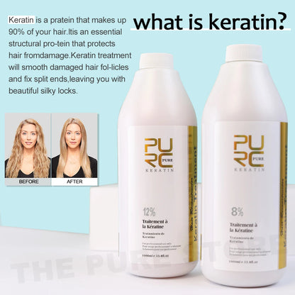 PURC 1000ml Keratin Hair Straightening & Smoothing Treatment for Curly, Frizzy Hair Professional Brazilian Keratin Care