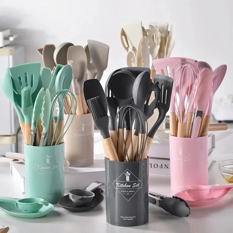 12Pcs Silicone Cooking Utensils Set with Wooden Handle, Non-Stick Kitchen Tools