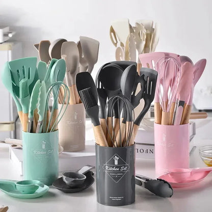 12Pcs Silicone Cooking Utensils Set with Wooden Handle, Non-Stick Kitchen Tools
