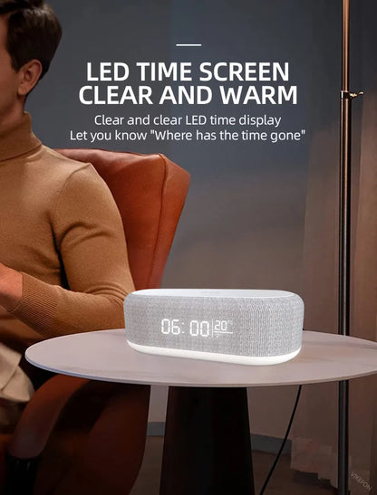 Wireless Charger Alarm Clock - 15W Fast Charging Dock with LED Light, Thermometer & Earphone Stand for iPhone & Samsung