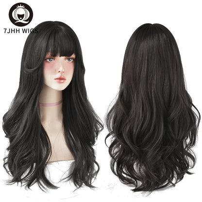 7JHH Popular Brown Ash Long Deep Wave Wig with Bangs for Women