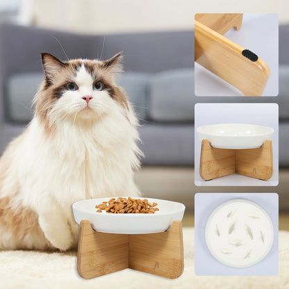 Raised Ceramic Cat Bowl with Wood Stand - Anti-Vomiting Slow Feeder