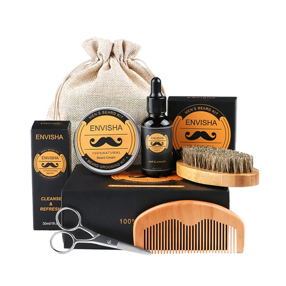 Beard Growth Kit for Men - Essential Oil, Moisturizing Wax, Growth Roller, Comb, and Styling Scissors for Beard Care
