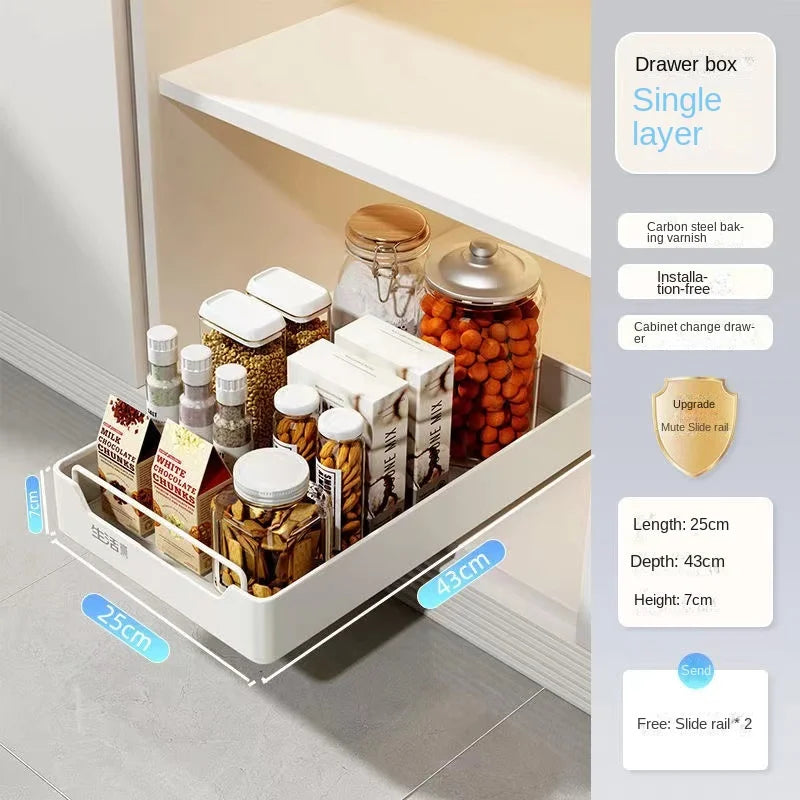 Pull Out Kitchen Storage Shelf with Slide Rails and Spice Organizer Rack