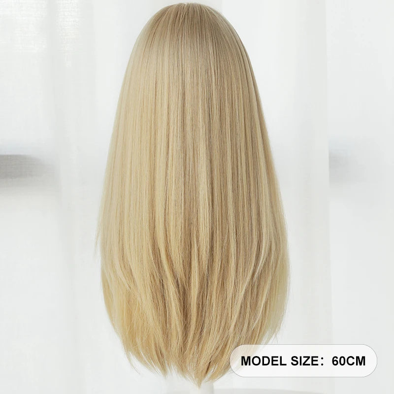 Straight Layered Blonde Wig with Neat Bangs - High Density Synthetic Hair for Women