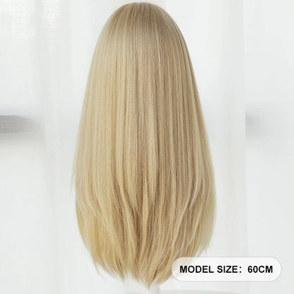 Straight Layered Blonde Wig with Neat Bangs - High Density Synthetic Hair for Women