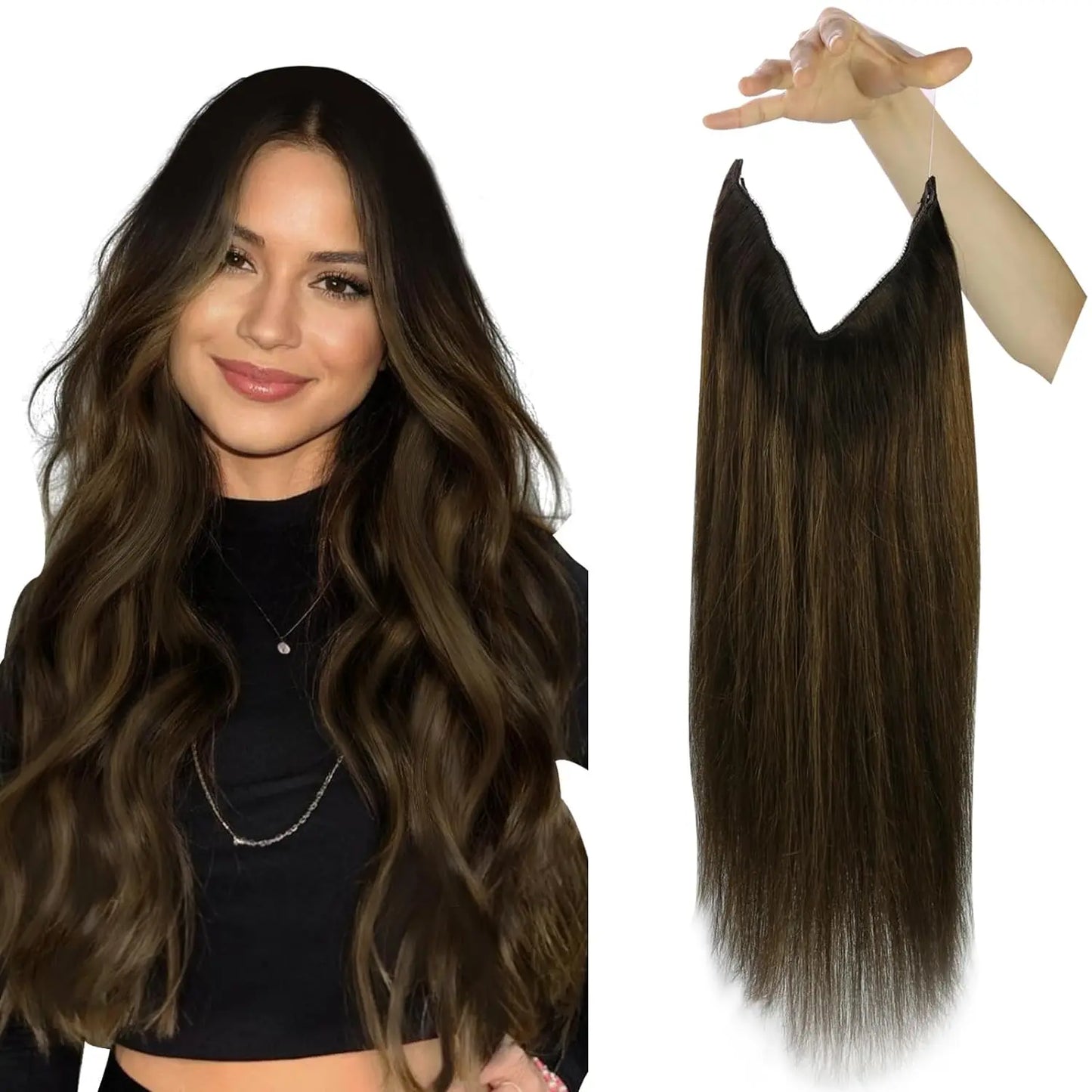 VeSunny Fish Line Human Hair Extension - Invisible Wire One-Piece Blonde Hair Weft with Clips