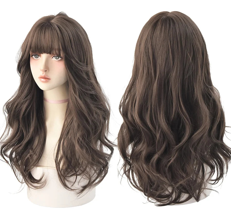 7JHH Popular Brown Ash Long Deep Wave Wig with Bangs for Women