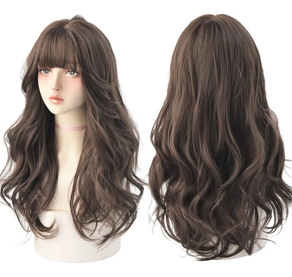 7JHH Popular Brown Ash Long Deep Wave Wig with Bangs for Women