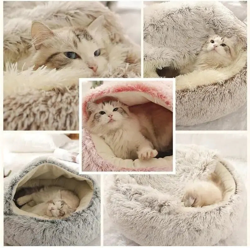 Plush Hooded Pet Bed – 2-in-1 Fluffy Sleeping Nest for Cats & Small Dogs