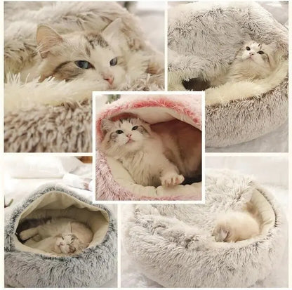 Plush Hooded Pet Bed – 2-in-1 Fluffy Sleeping Nest for Cats & Small Dogs