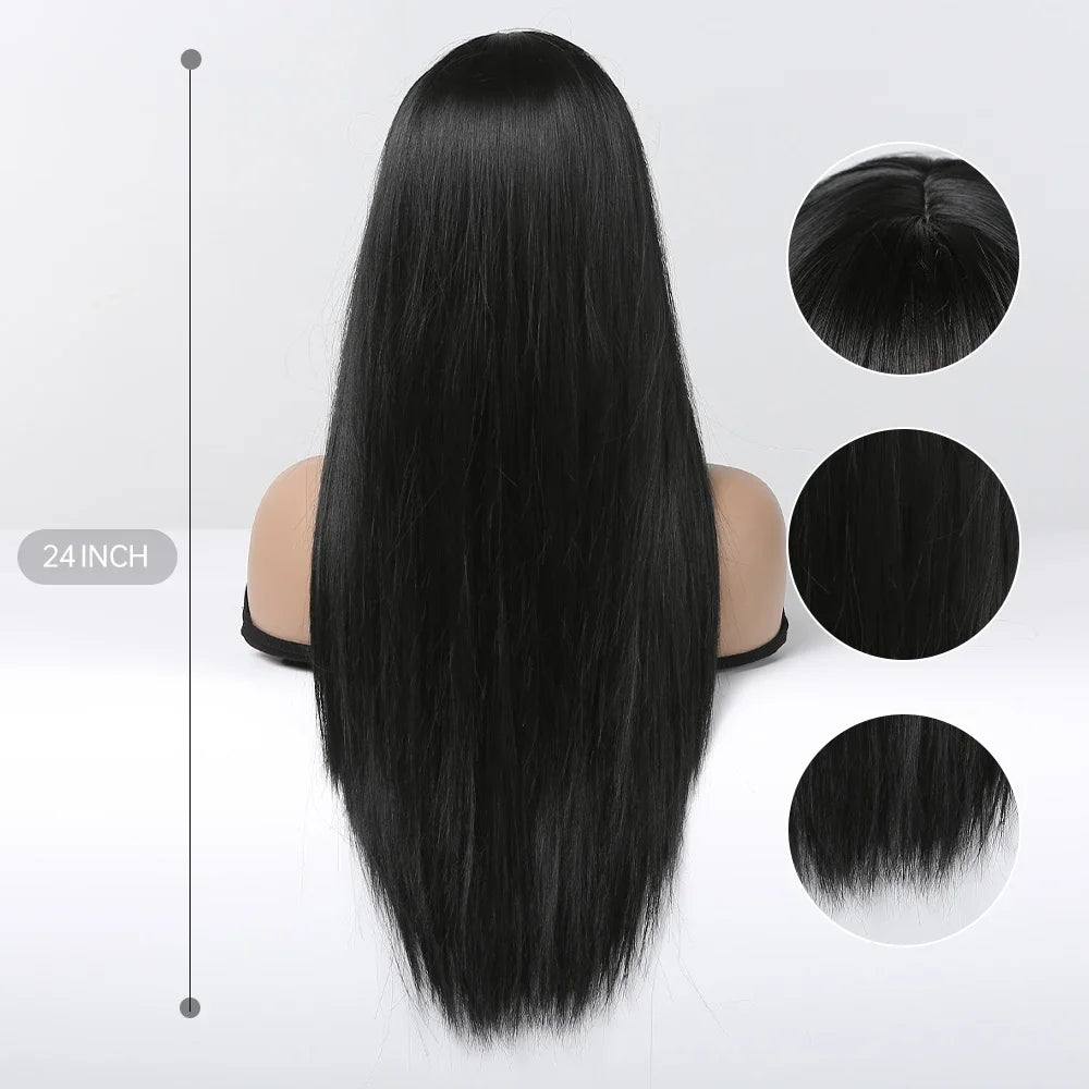 Long Silky Straight Black Synthetic Wig with Bangs for Cosplay & Party