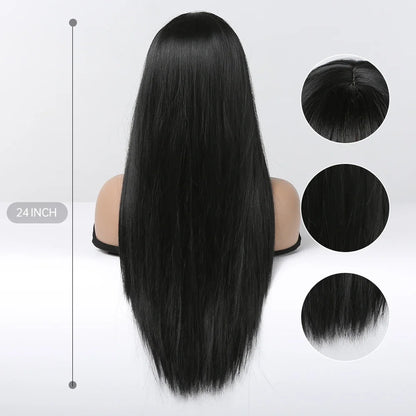 Long Silky Straight Black Synthetic Wig with Bangs for Cosplay & Party