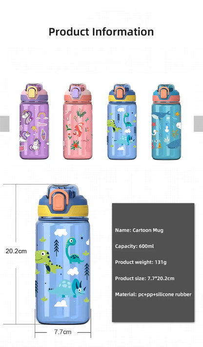 600ml Dinosaur Water Bottle for Kids, Leakproof Sippy Cup with Silicone Straw