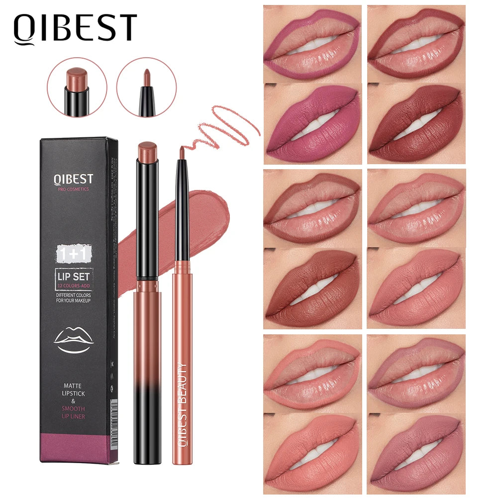 QIBEST 2PC Matte Velvet Lipstick & Lipliner Set - Long Lasting Red Lip Contour Pencil