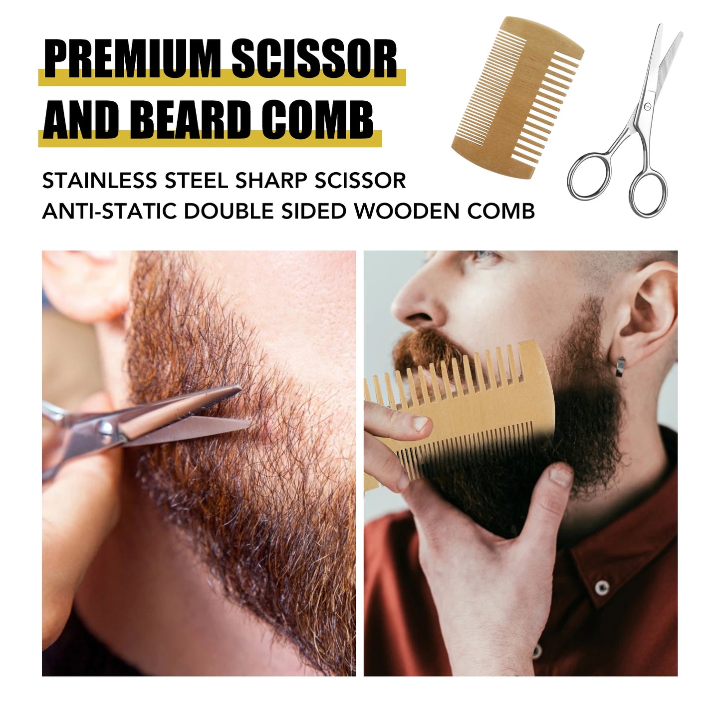 Beard Growth Kit for Men - Essential Oil, Moisturizing Wax, Growth Roller, Comb, and Styling Scissors for Beard Care