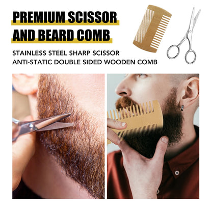 Beard Growth Kit for Men - Essential Oil, Moisturizing Wax, Growth Roller, Comb, and Styling Scissors for Beard Care