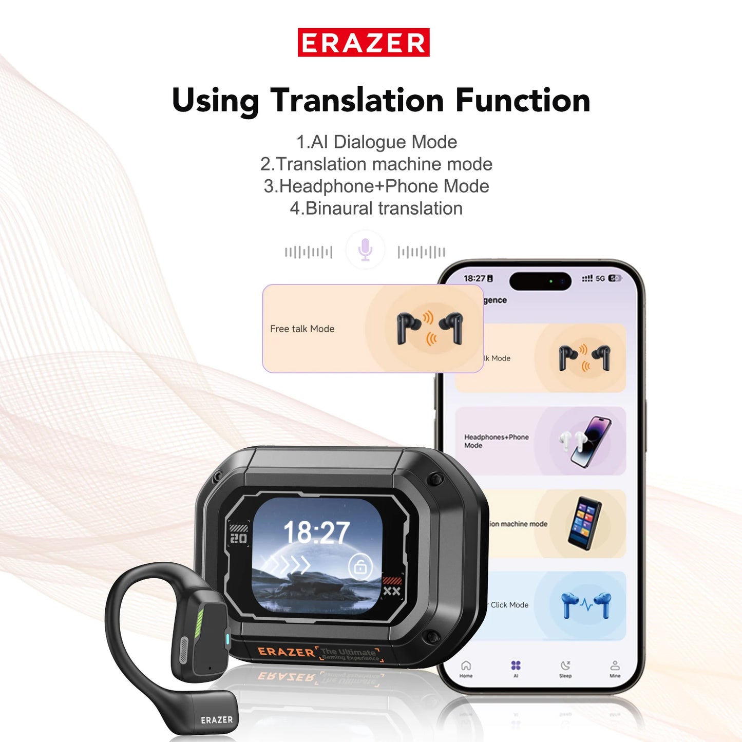 Erazer XP6 AI Translator Earbuds - Wireless Gaming Headset with Equalizer App & Waterproof Bluetooth Earphones