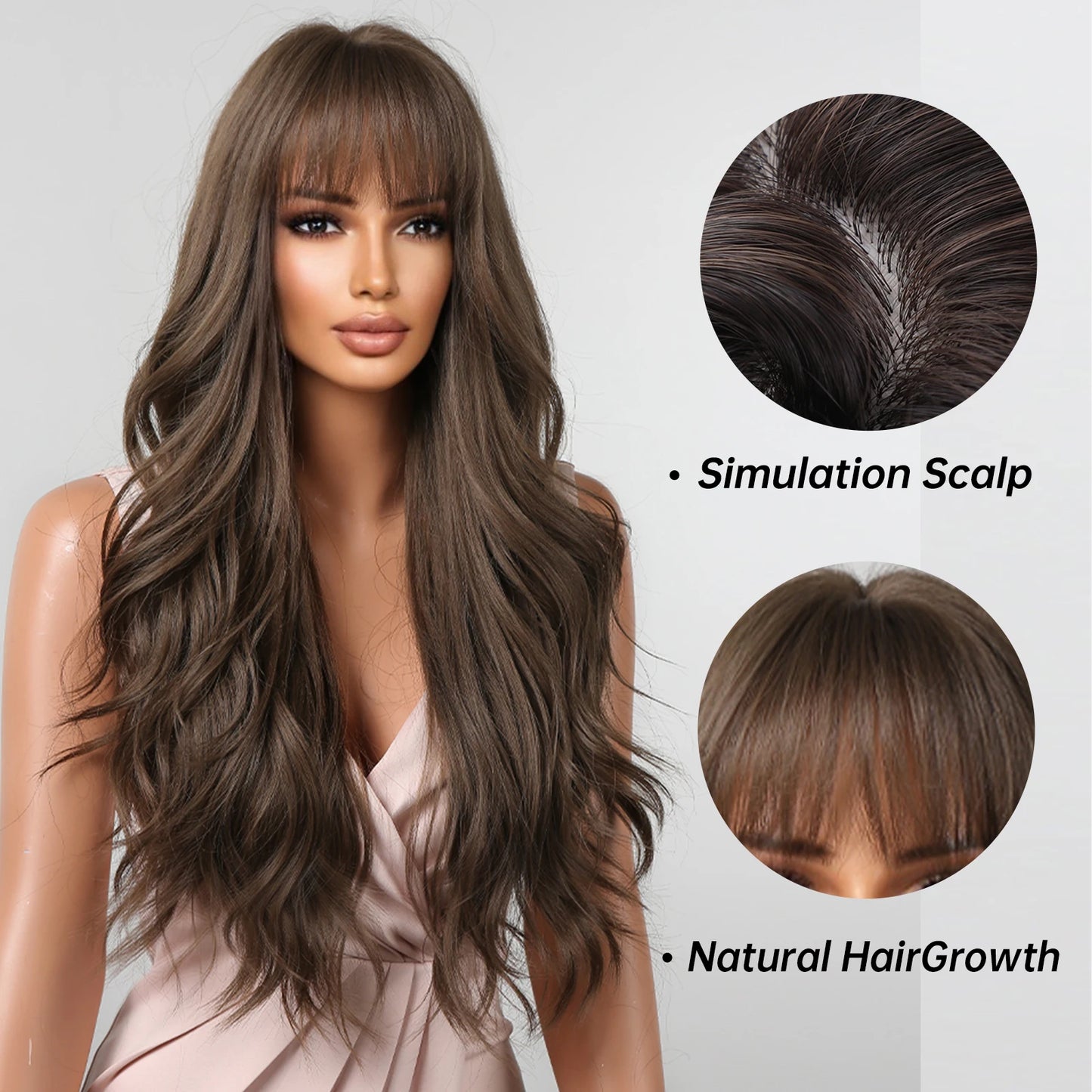 Brown Wavy Wig with Bangs for Women Heat-Resistant Synthetic Hair Cosplay