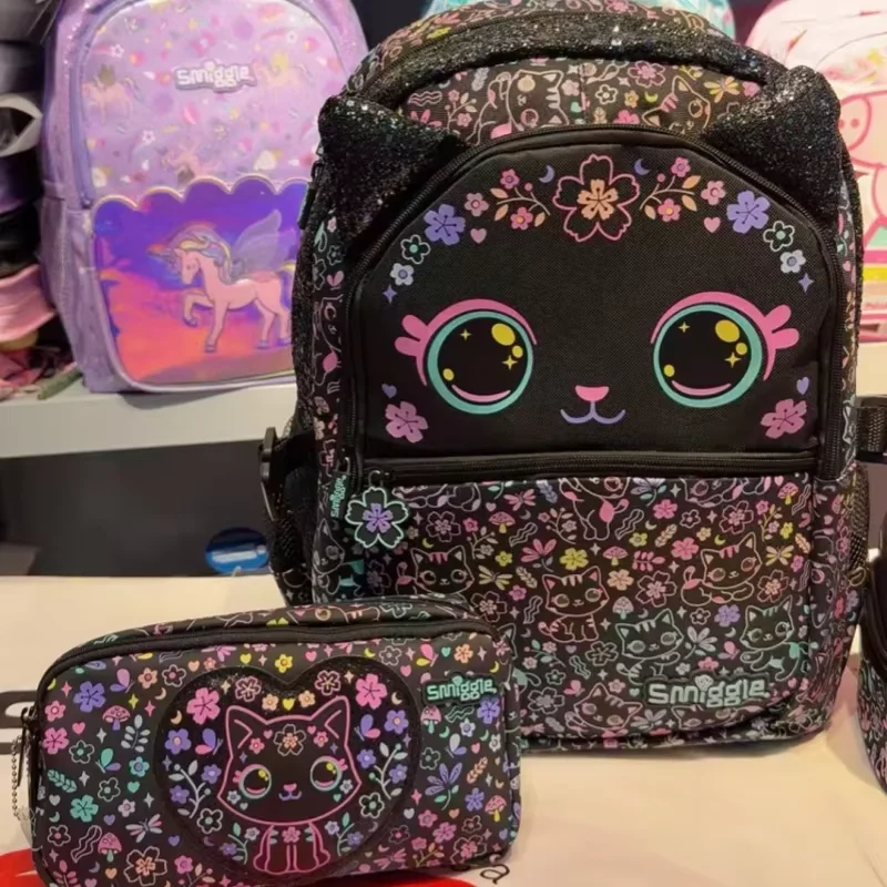 New Original Australia Smiggle Schoolbag for Girls with Black Cat Flower Lunch Bag & Pencil Case
