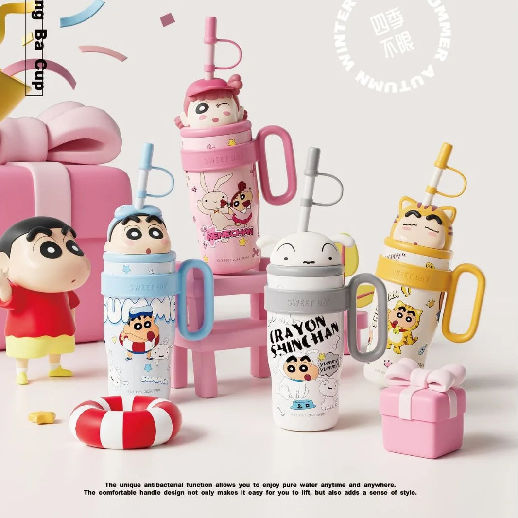 800ML Crayon Shin-Chan Stainless Steel Thermos Cup – Large Capacity with Handle & Straw for Kids