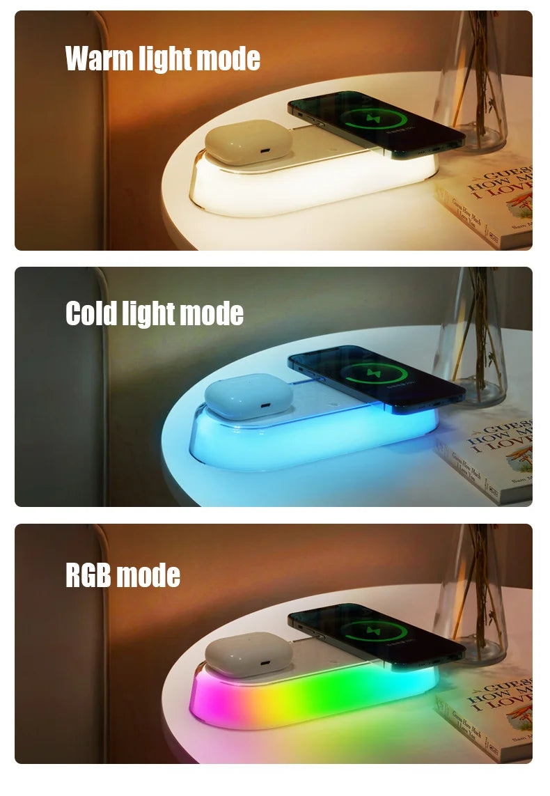 Wireless Charger Alarm Clock - 15W Fast Charging Dock with LED Light, Thermometer & Earphone Stand for iPhone & Samsung